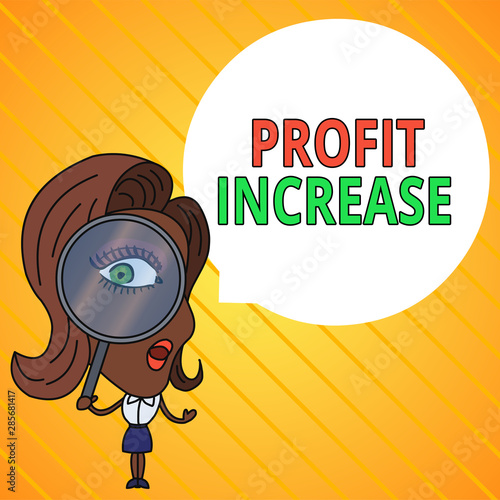 Text sign showing Profit Increase. Business photo text the growth in the amount of revenue gained from a business Woman Looking Trough Magnifying Glass Big Eye Blank Round Speech Bubble