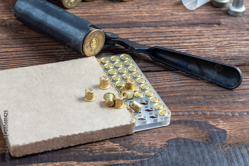 Photography Shotgun shells reloading process with special reload equipment