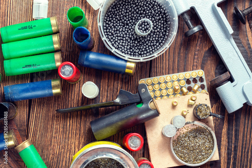 Photography Shotgun shells reloading process with special reload equipment