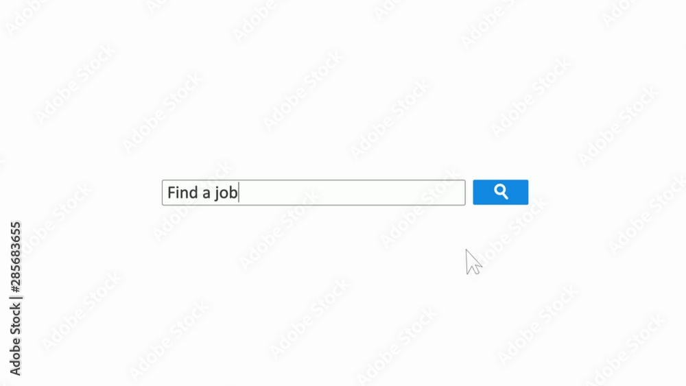 Phrase find a job texted in internet search engine line entry field on white background loop animated video. Clicking the search icon of mouse cursor. Searching a job online. Problem of unemployment. Phrase find a job texted in internet search engine line entry field on white background loop animated video. Clicking the search icon of mouse cursor. Searching a job online. Problem of unemployment.