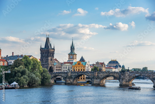 View of the city of Prague and the Vltava River on a sunny day. Prague, Czech Republic.