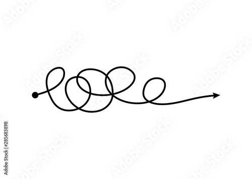 Tangle arrow line in freehand scribble style, messy chaotic thought process doodle