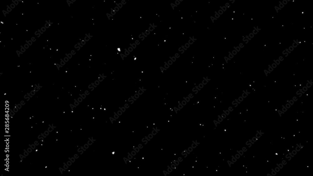 Falling realistic natural snowflakes from top to bottom, slowly snowfall on black background, isolated video animation perfect for digital composition. Snowflakes are falling down randomly.