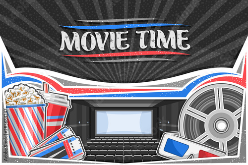 Vector illustration of Movie Theater, decorative card with cinema screen, rows of empty armchairs, popcorn in box, cola in plastic cup, red-blue 3d movie glasses, admission tickets and cinema reel.