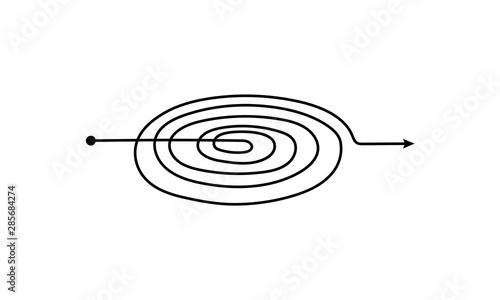 Tangled black scribble arrow with round freehand spiral shape