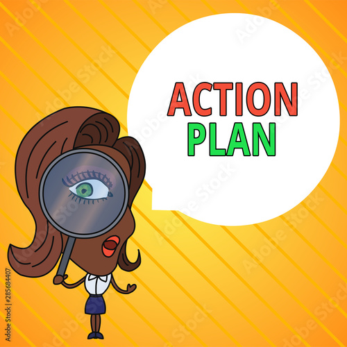 Text sign showing Action Plan. Business photo text detailed plan outlining actions needed to reach goals or vision Woman Looking Trough Magnifying Glass Big Eye Blank Round Speech Bubble
