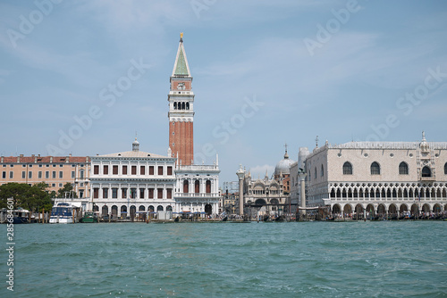 Venice, Italy - July 02, 2019 : View of Piazza San Marco and palazzo Ducale from the ferry boat