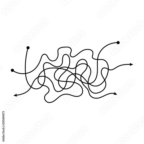 Messy long arrow line tangle isolated on white background.