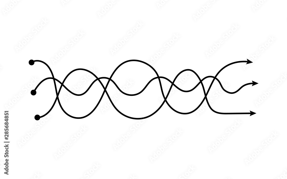 Three arrows intertwined in wavy lines, curvy neat wave tangle showing different paths crossing each other Three arrows intertwined in wavy lines, curvy neat wave tangle showing different paths crossing each other