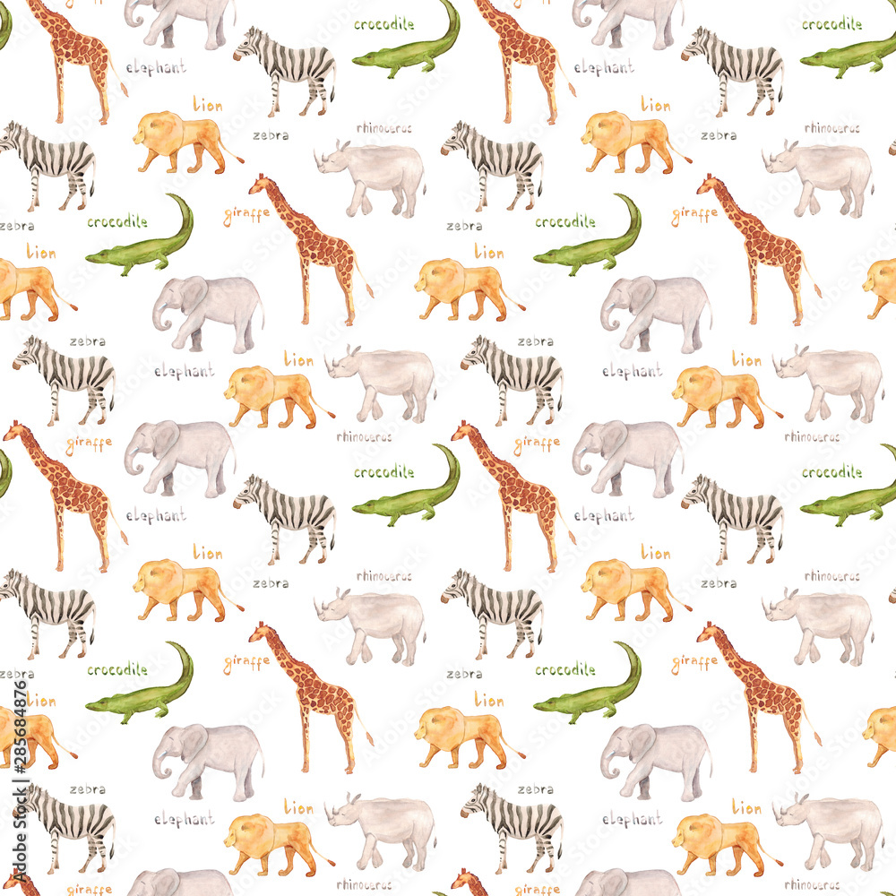 Obraz premium Watercolor hand drawn seamless pattern background sketch illustrations of African animals with captions - giraffe, elephant, lion, zebra, crocodile, rhino, and Africa inscription isolated on white