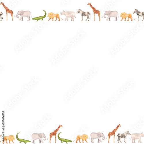 Watercolor hand drawn background with border of sketch illustrations of African animals - giraffe, elephant, lion, zebra, crocodile, rhino isolated on white © fuzzylogickate