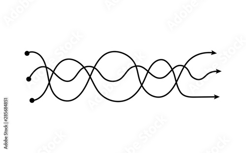Three arrows intertwined in wavy lines, curvy neat wave tangle showing different paths crossing each other