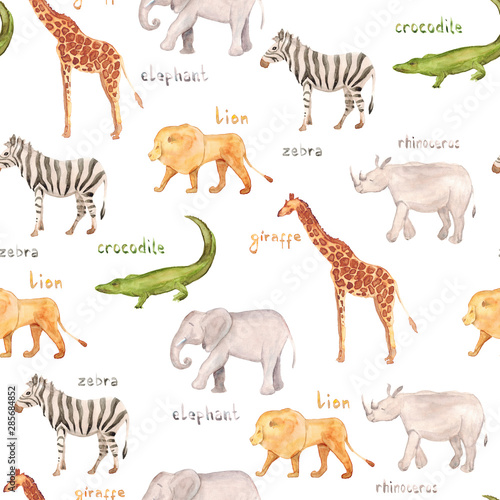 Watercolor hand drawn seamless pattern background sketch illustrations of African animals with captions - giraffe  elephant  lion  zebra  crocodile  rhino  and Africa inscription isolated on white