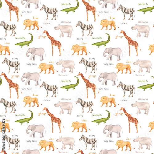 Watercolor hand drawn seamless pattern background sketch illustrations of African animals with captions - giraffe  elephant  lion  zebra  crocodile  rhino  and Africa inscription isolated on white