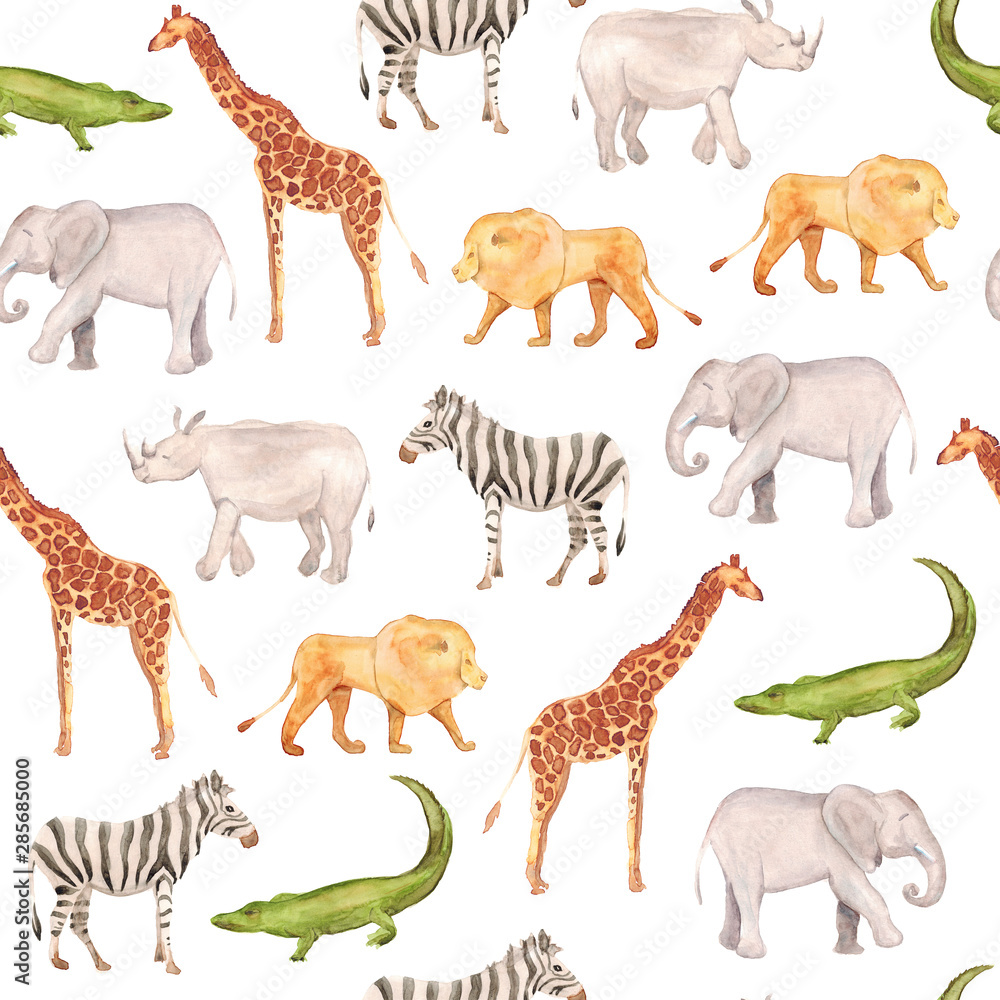 Watercolor hand drawn seamless pattern background with sketch illustrations of African animals - giraffe, elephant, lion, zebra, crocodile, rhino isolated on white