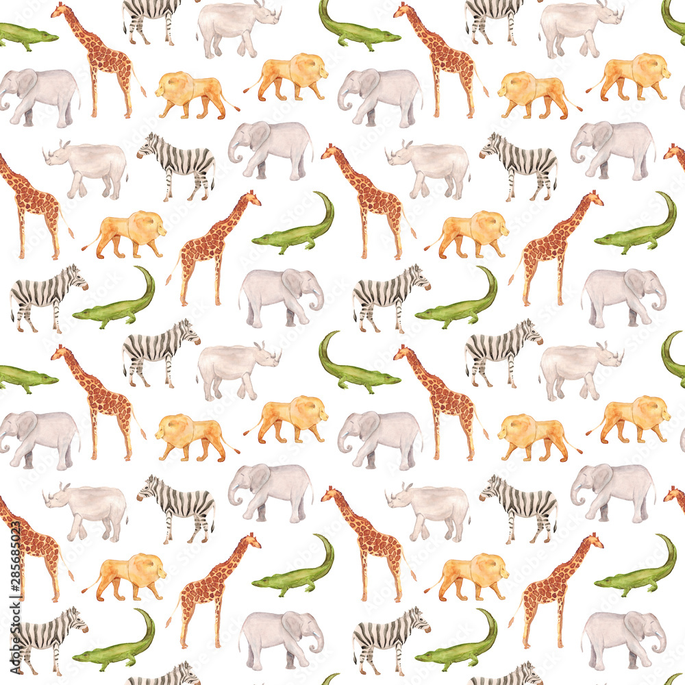 Obraz premium Watercolor hand drawn seamless pattern background with sketch illustrations of African animals - giraffe, elephant, lion, zebra, crocodile, rhino isolated on white