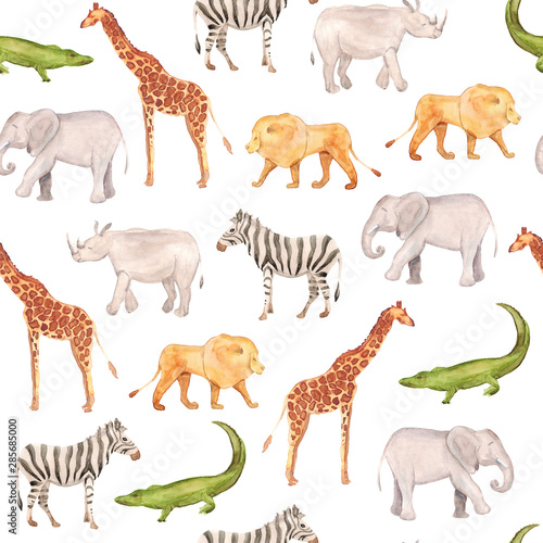 Watercolor hand drawn seamless pattern background with sketch illustrations of African animals - giraffe, elephant, lion, zebra, crocodile, rhino isolated on white