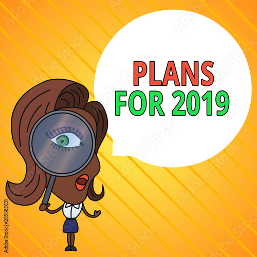 Text sign showing Plans For 2019. Business photo text an intention or decision about what one is going to do Woman Looking Trough Magnifying Glass Big Eye Blank Round Speech Bubble