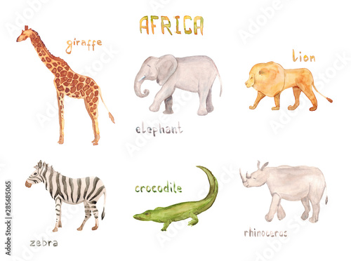 Watercolor hand drawn sketch illustrations of African animals with captions - giraffe, elephant, lion, zebra, crocodile, rhino, and Africa inscription isolated on white