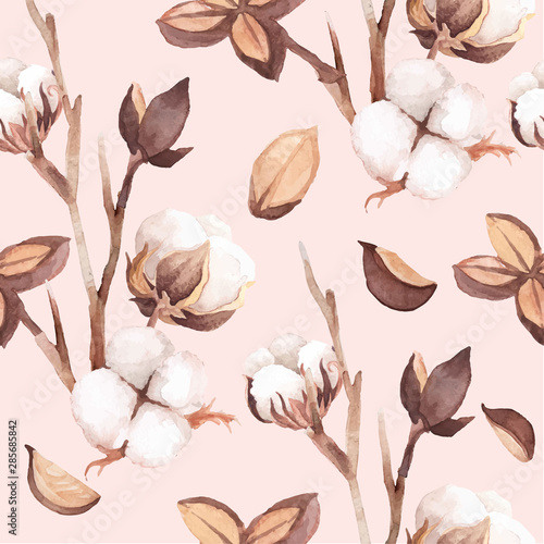 Vector Seamless Pattern of cotton flowers and twigs. Autumn pattern. hand painted watercolour