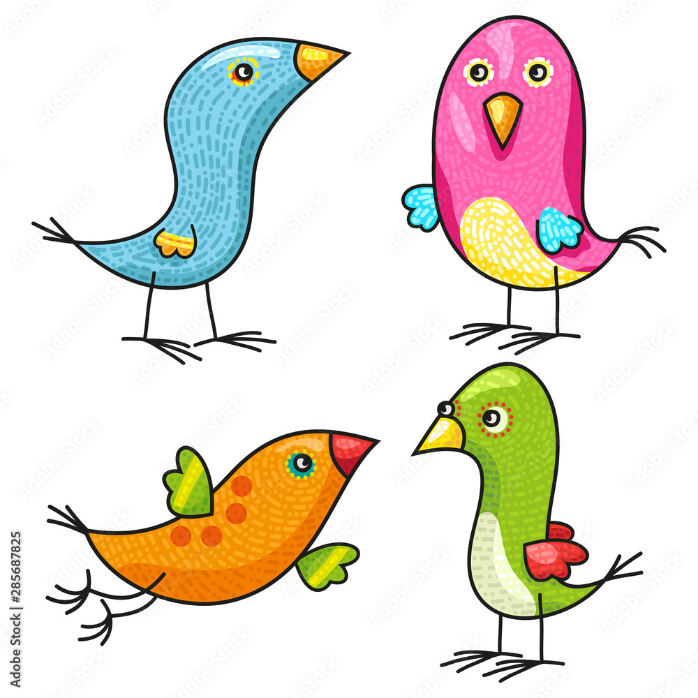 Birds characters. Four colorful birdies drawn in cartoon style. Birds characters. Four colorful birdies drawn in cartoon style.