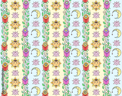 Vector floral background with hand made pattern. Seamless pattern with sun and crescent.