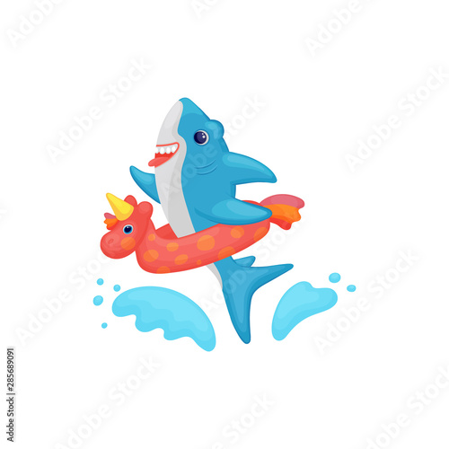 Cute cartoon baby shark swimming in water with inflatable ring