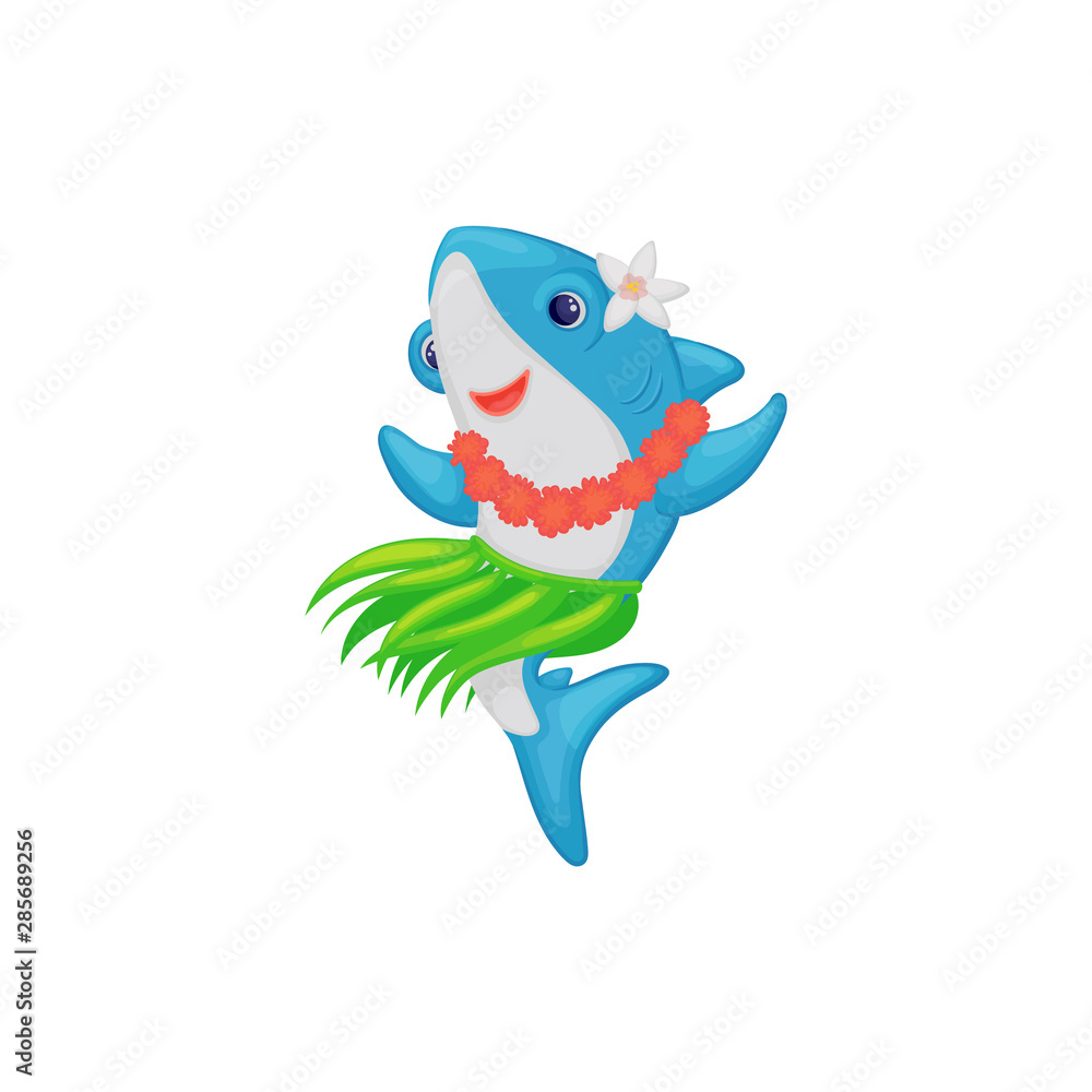 Blue shark dancing in hawaiian girls costume a flat vector illustration isolated. Blue shark dancing in hawaiian girls costume a flat vector illustration isolated.
