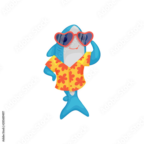 Blue shark in hawaiian shirt and sunglasses cartoon vector illustration isolated.