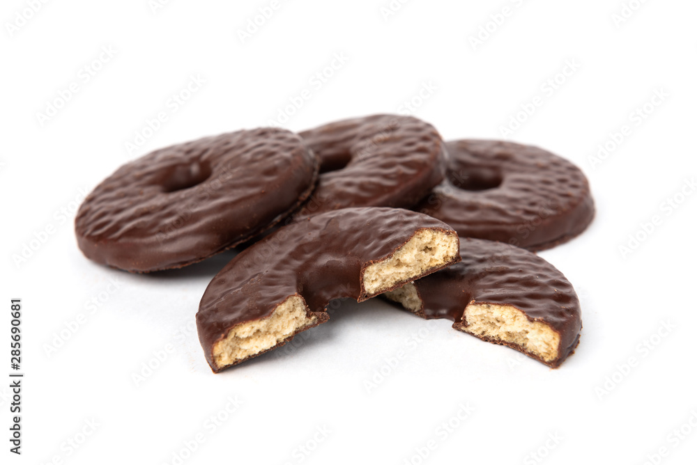 Shortbread cookies in chocolate glaze isolated on white background. Shortbread cookies in chocolate glaze isolated on white background.