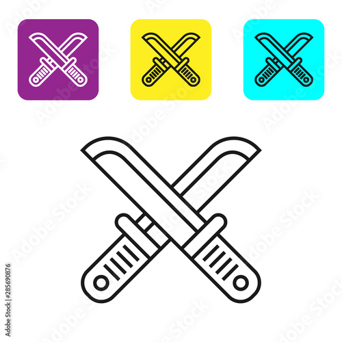 Black line Crossed hunter knife icon isolated on white background. Army knife. Set icons colorful square buttons. Vector Illustration