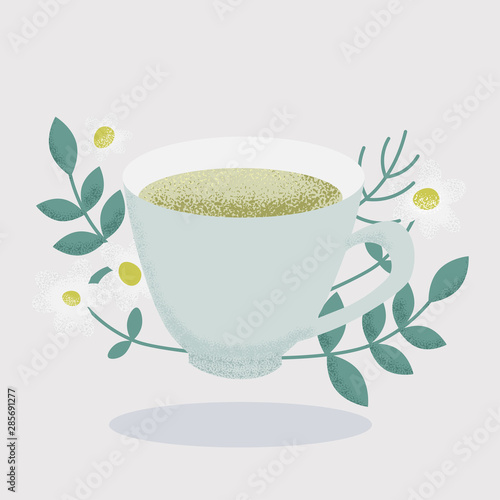 Cup of chamomile tea with daisy flowers and green leaves, simple vector illustration.