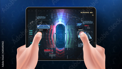 A person remotely controls a smart car through a tablet. The display shows information about the vehicle is moving, GPS, travel time, Assistance app. Car service in the style of HUD, Cars infographic.