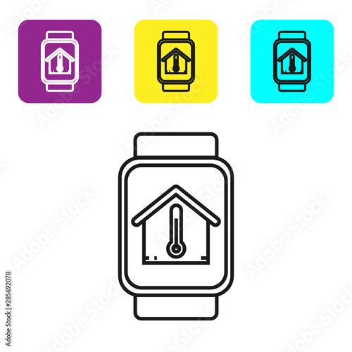 Black line Smart watch with house temperature icon isolated on white background. Thermometer icon. Set icons colorful square buttons. Vector Illustration