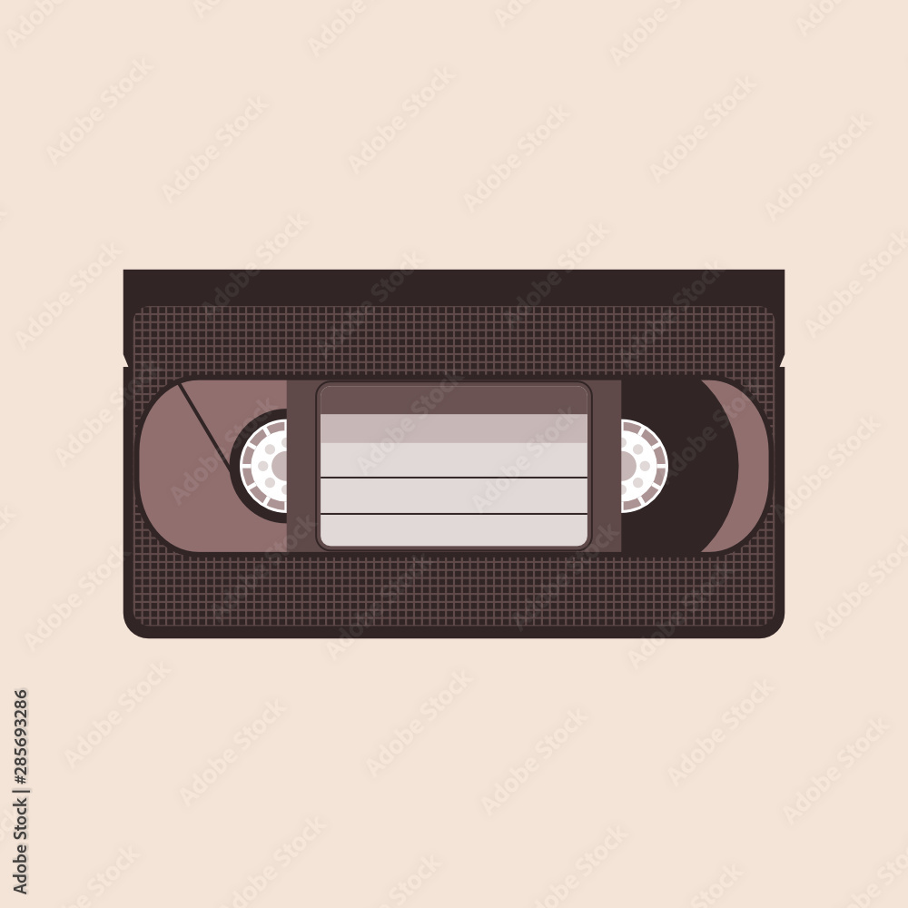 Brown VHS tape on the beige background. Elegant retro VHS video cassette. Video tape with empty label. Video cassette tape icon. Vintage movie storage and recording. Vector illustration, flat style.