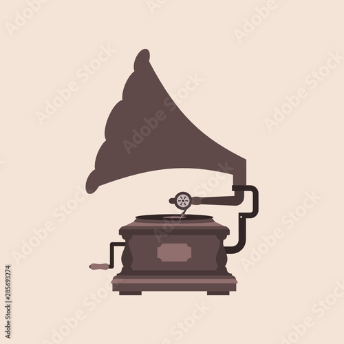 Brown vintage record player on the beige background. Elegant brass antique gramophone. Playing retro music on vinyl concept. Gramophone icon. Sound and music concept. Vector illustration, flat style.