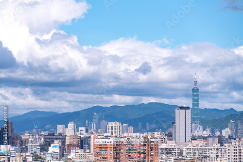 Taipei, Taiwan, 4 Aug 2019: Skyline of taipei city in downtown Taipei. Taipei101 building during day