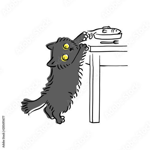 Funny grey cat stealing fish off the table and looking around