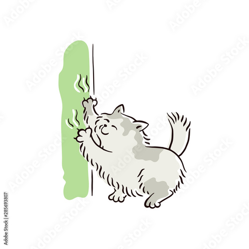Banner with naughty cat scratching furniture sketch vector illustration isolated.