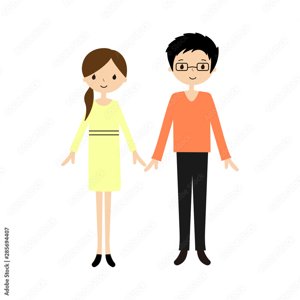 仲良し若夫婦のベクターイラスト(笑顔, 2人, 男女, 正面, 直立, 全身) 仲良し若夫婦のベクターイラスト(笑顔, 2人, 男女, 正面, 直立, 全身)