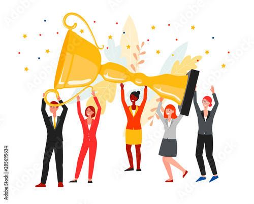 Team of colleagues holding giant golden cup trophy flat vector illustration.