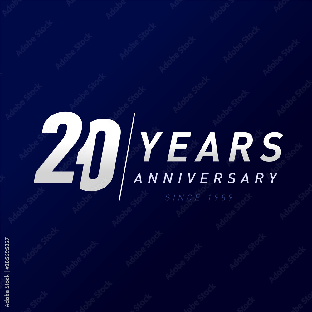 20 years anniversary vector template design illustration. 20th year anniversary silver numbers. Greetings, award, celebration. Celebrating 2 idea and sale 20% off. Awards ceremony place logotype