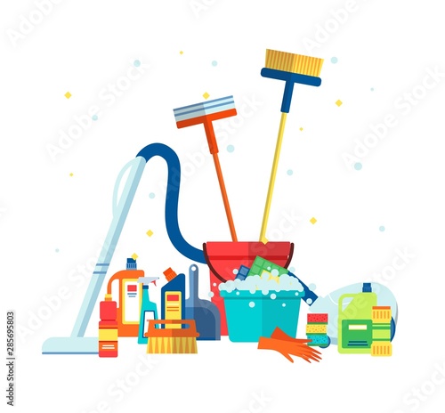 House cleaning tools and products packs flat vector illustration isolated.