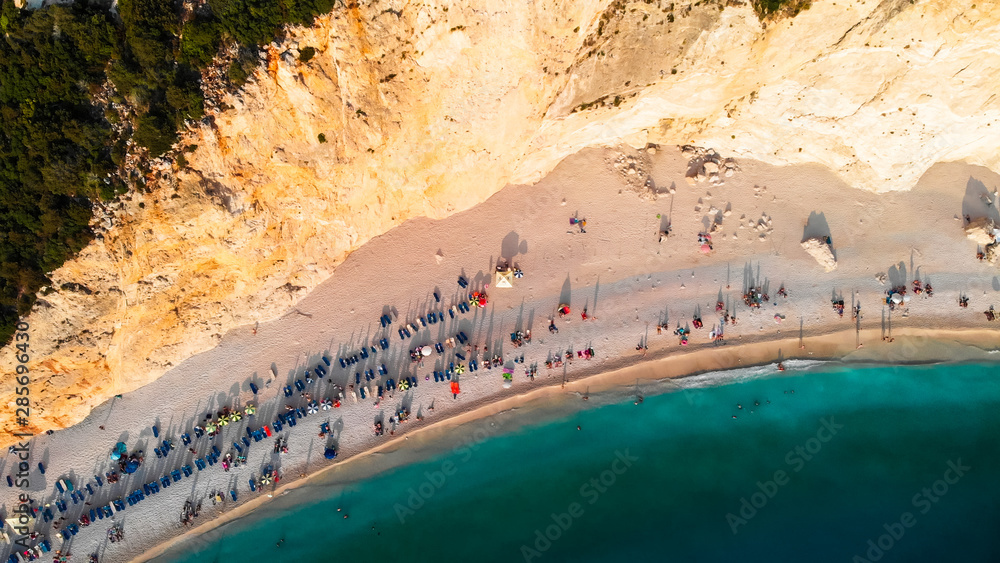Beach on Lefkada, popular tourist resort on same name island in Greece. Aerial view.