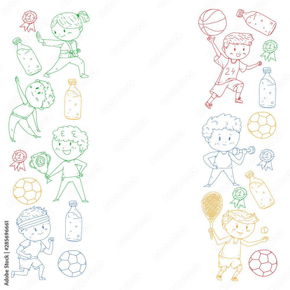 Children and sport. Vector illustration of activities. Football, soccer, running, dancing, martial arts. Health care in school and kindergarten. Children and sport. Vector illustration of activities. Football, soccer, running, dancing, martial arts. Health care in school and kindergarten.