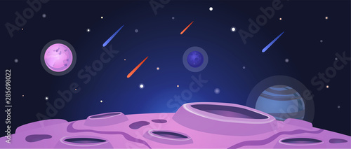 Foto Cartoon space banner with purple planet surface with craters on night galaxy sky