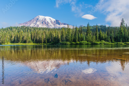 Landscape of South Face of Mount Rainier from Reflection Lake on Stevens Canyon Road in Mount Rainier National Park-2492-HDR