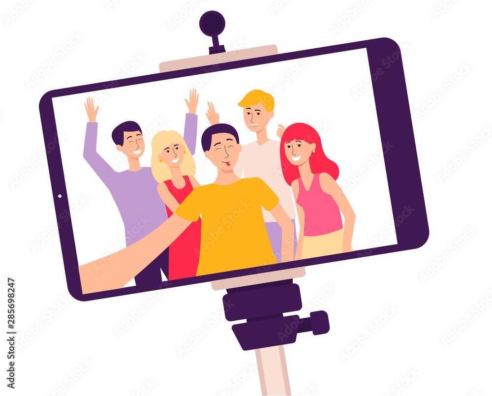 Mobile phone screen on a selfie stick with photo flat vector illustration isolated. Mobile phone screen on a selfie stick with photo flat vector illustration isolated.