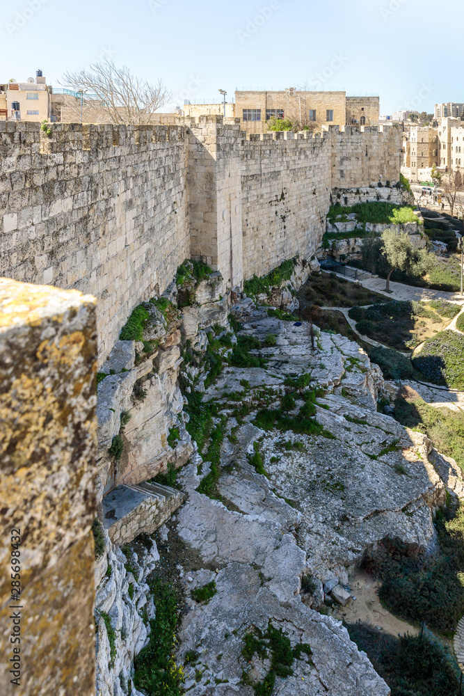 The fagment of the city wall near the Damascus Gate in old city of Jerusalem, Israel