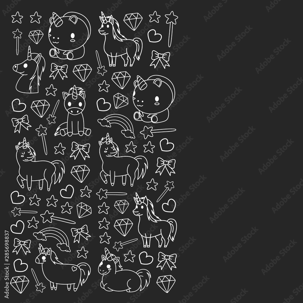 Children pattern with fairy tale unicors for kids clothes, posters, banners, shirts. Vector image with cartoon character. Children pattern with fairy tale unicors for kids clothes, posters, banners, shirts. Vector image with cartoon character.